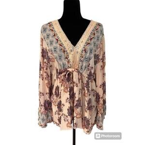 Eclipse Floral Print Long Sleeve Blouse - Size M -Pink